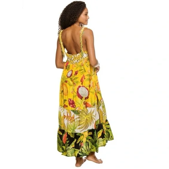 FARM Rio Mixed Prints Patch Maxi Dress Beaded Straps Tropical Fruit Size XL - Picture 4 of 16